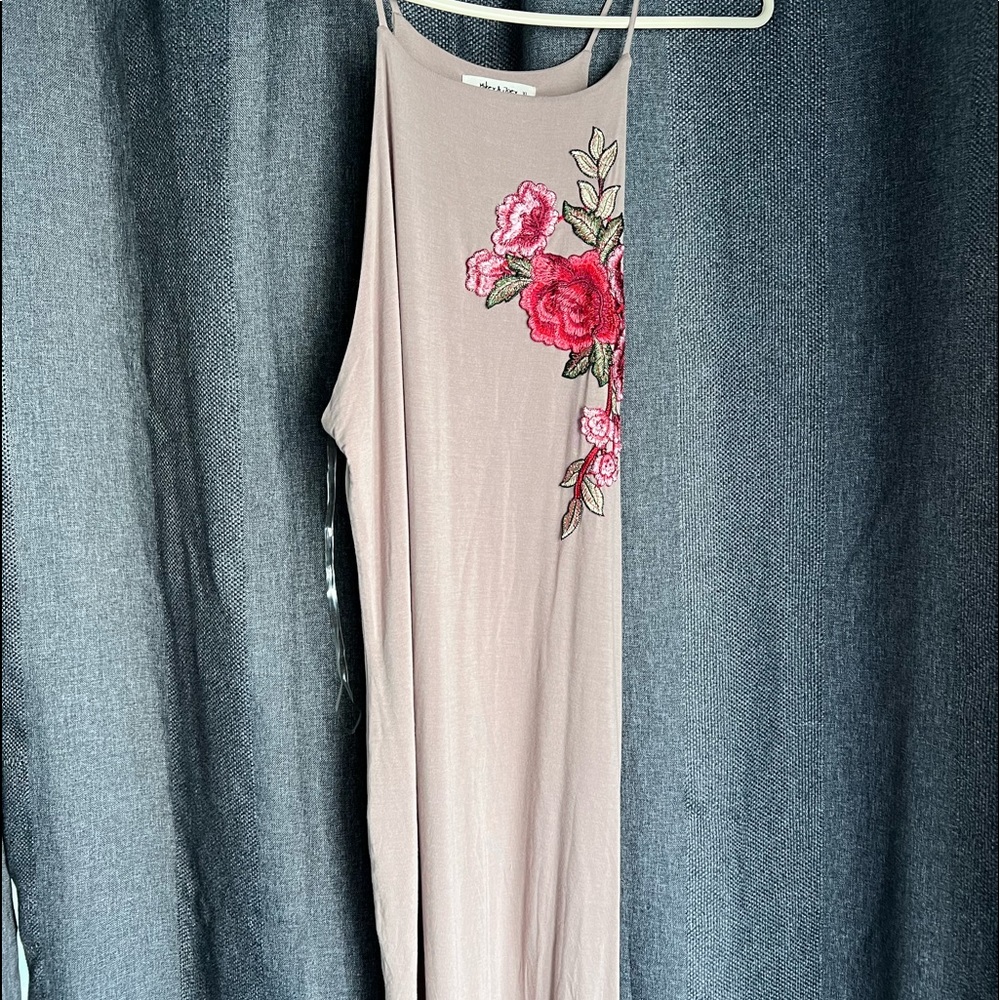 Womens Nude Midi Dress with Floral Embroidery